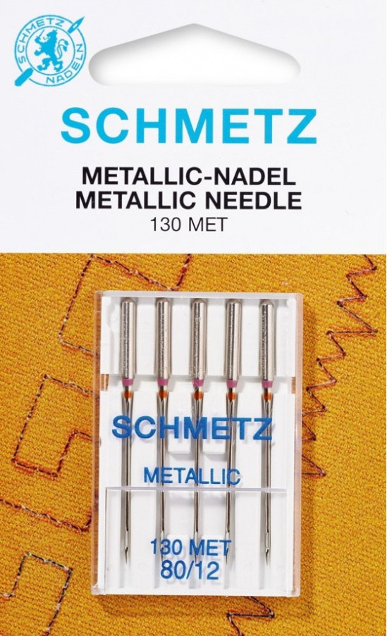 Agulhas SCHMETZ METALLIC  Sistema 130 MET  com um olho especialmente comprido (2 mm em todas as espessuras de agulha) em comparação com a Agulha Universal ou Agulha para Bordado; para o processamento de fios especiais e de adorno, em especial para fios metálicos  Espessura de agulha  NM 80 e NM 90
